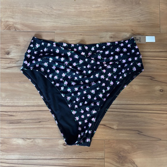 NWT Victoria's Secret PINK V Crossover High-Waist Bikini Bottom Black Floral - Picture 2 of 6